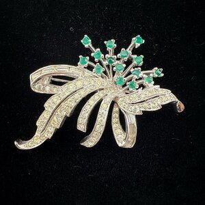 Vintage Panetta Brooch Pin Rhinestones Green Clear Floral Spray Flower Signed